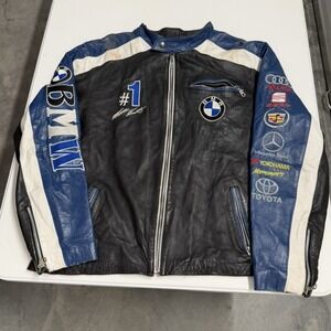 Vintage BMW Racing Leather Jacket Mens XXL Black Blue Moto Biker Patch Coat